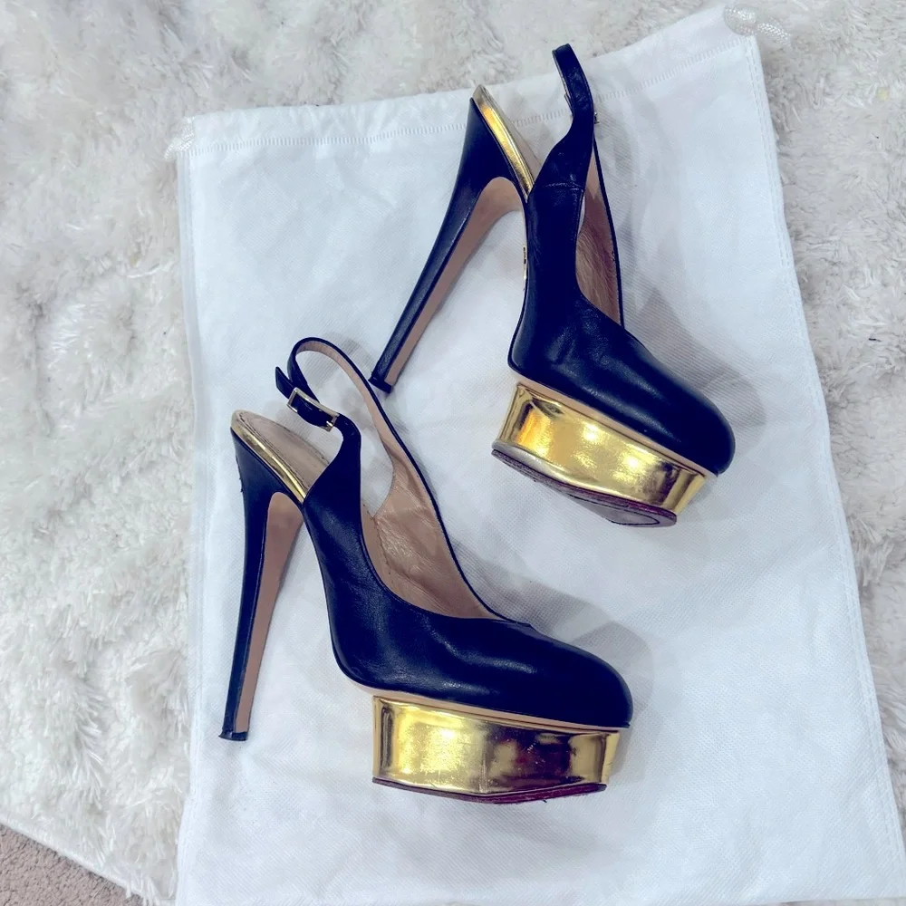Black Leather DOLLY Gold Platform Slingback Pumps - Picture 3 of 11